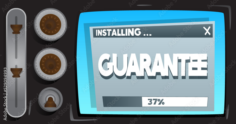 Cartoon Computer With the word Guarantee. Message of a screen displaying an installation window. Cartoon Computer With the word Guarantee. Message of a screen displaying an installation window.