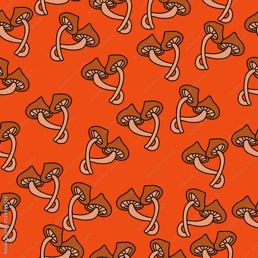 Honey mushrooms seamless pattern, pair of mushrooms on orange background Honey mushrooms seamless pattern, pair of mushrooms on orange background