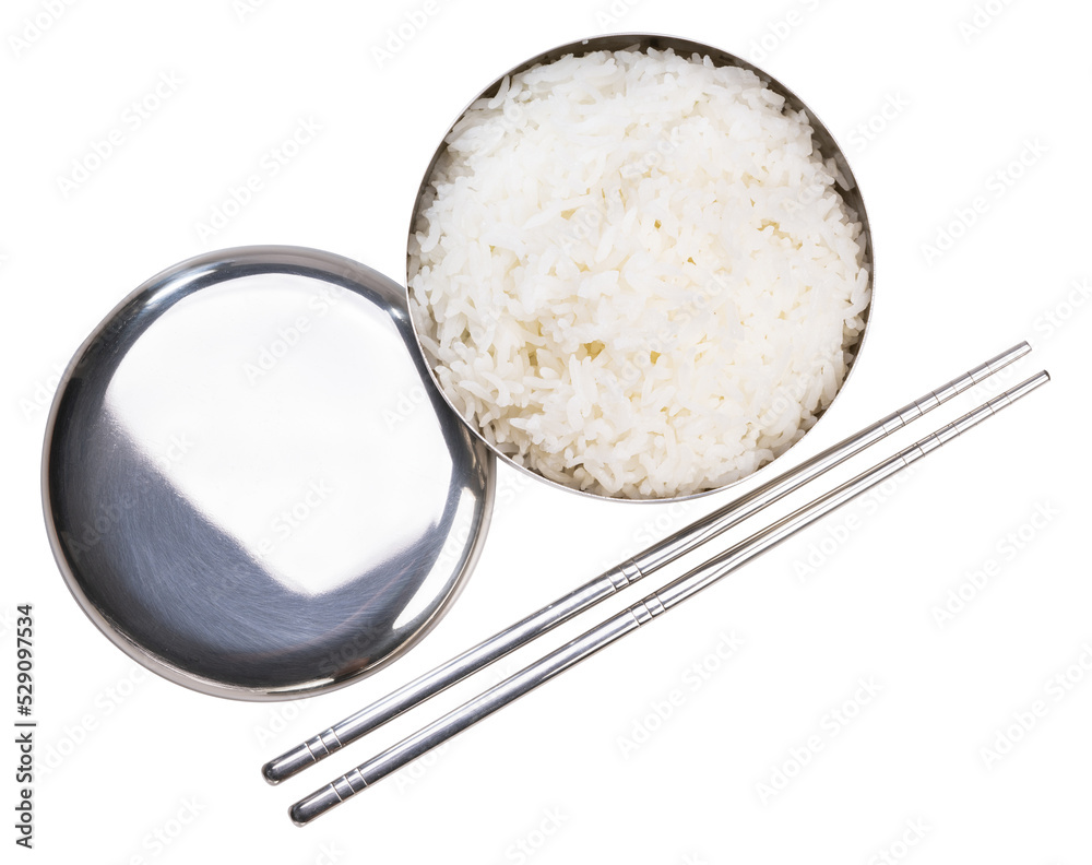 Rice in Korean rice bowl isolated on white background, Cooked Korean