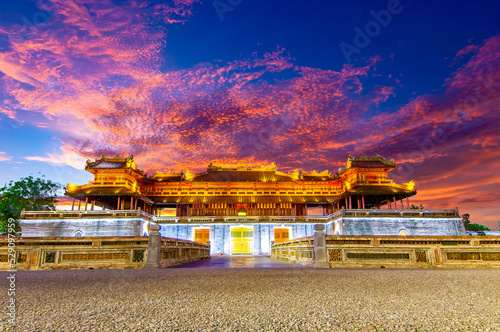 Wonderful view of the “ Meridian Gate Hue “ to the Imperial City with the Purple Forbidden City within the Citadel in Hue, Vietnam.  photo