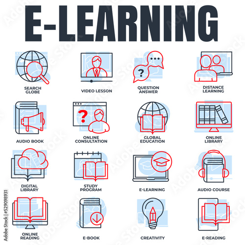 Set of E-learning, online education icon logo vector illustration. global education, study program, search globe, distance learning and more pack symbol template for graphic and web design collection