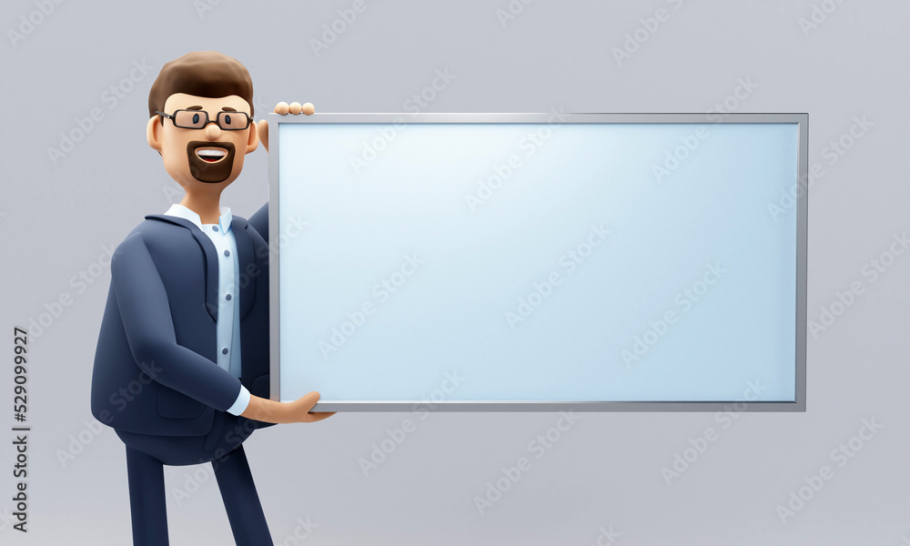 Advertising concept. Cartoon character with empty board. 3d illustration. Advertising concept. Cartoon character with empty board. 3d illustration.