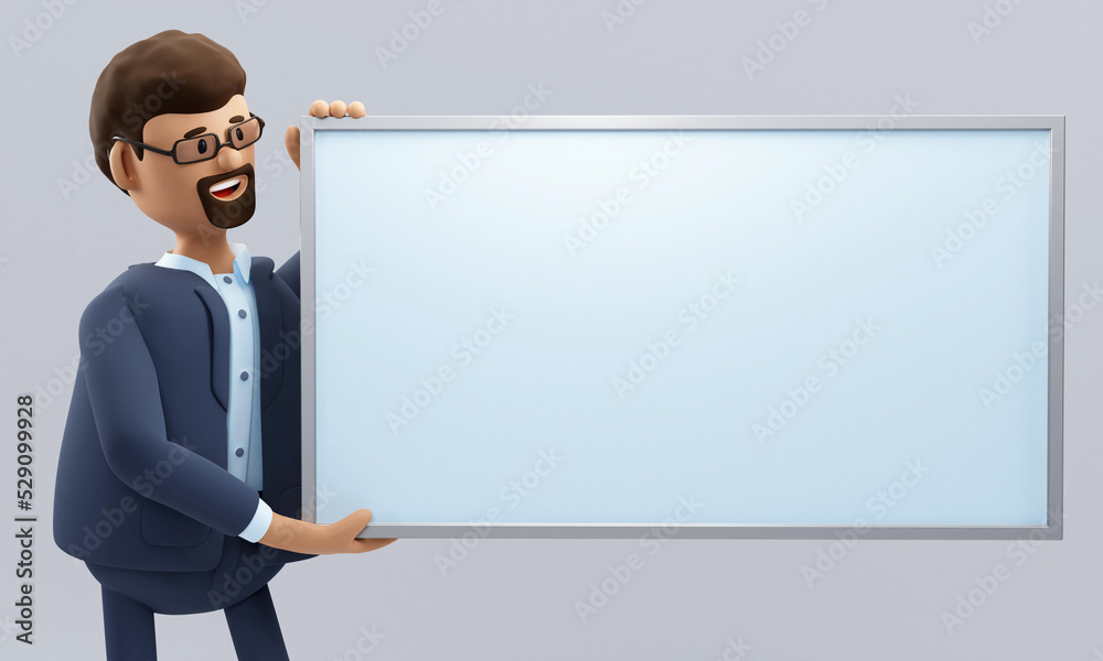 Advertising concept. Cartoon character with empty board. 3d illustration. Advertising concept. Cartoon character with empty board. 3d illustration.