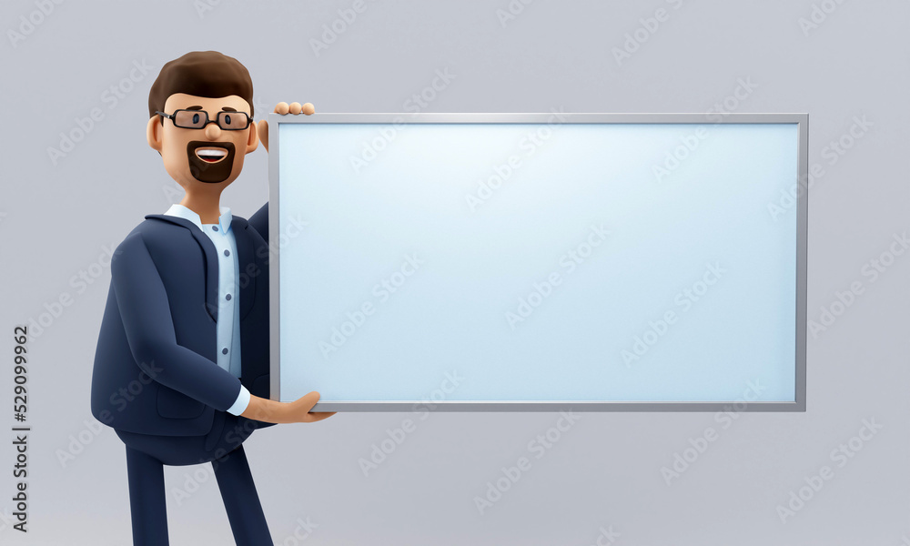 Advertising concept. Cartoon character with empty board. 3d illustration. Advertising concept. Cartoon character with empty board. 3d illustration.