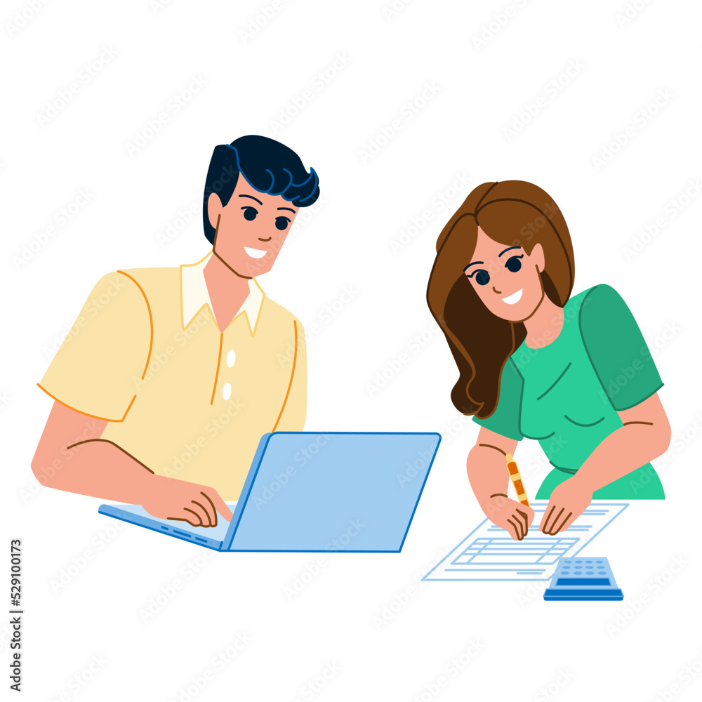 couple doing taxes vector. budget man, finance woman, laptop bill, family home computer, money paperwork couple doing taxes character. people flat cartoon illustration couple doing taxes vector. budget man, finance woman, laptop bill, family home computer, money paperwork couple doing taxes character. people flat cartoon illustration