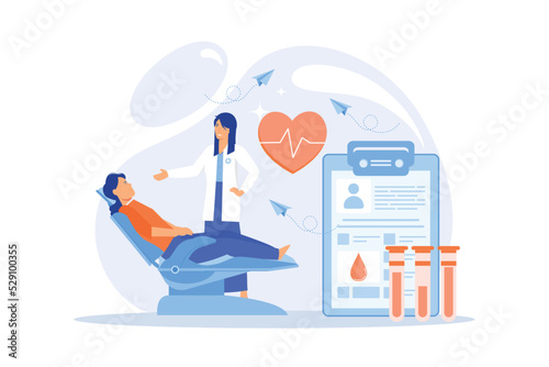Nurse with donor sitting in medical chair and donating blood in donation bag. Blood donation, blood donor, hemolytic transfusion bank concept. flat vector modern illustration