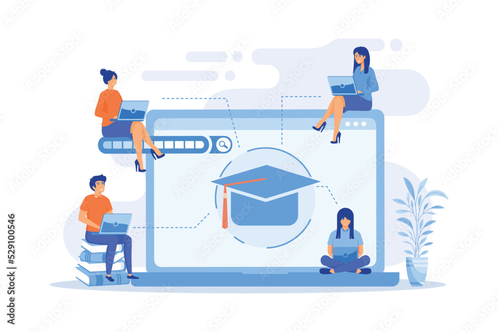 Students with laptops studying and huge laptop with graduation cap. Free online courses, online certificate courses, online business school concept. flat vector modern illustration Students with laptops studying and huge laptop with graduation cap. Free online courses, online certificate courses, online business school concept. flat vector modern illustration