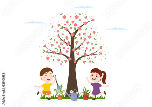 Tu BiShvat Template Hand Drawn Cartoon Flat Illustration Blooming tree with Objects of Seven Species of Fruits on White background Design