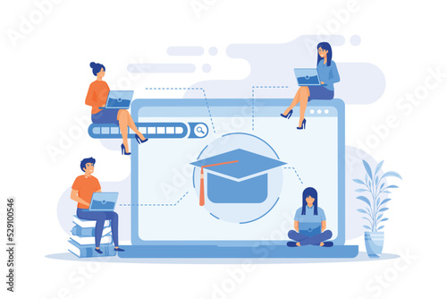 Students with laptops studying and huge laptop with graduation cap. Free online courses, online certificate courses, online business school concept. flat vector modern illustration