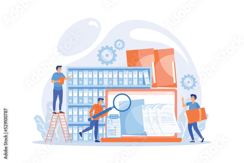Organized archive. Searching files in database. Records management, records and information management, documents tracking system concept. flat vector modern illustration