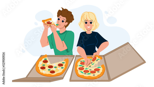couple eating pizza vector. food fun home, happy eating, man young, eat girl, woman dinner italian couple eating pizza character. people flat cartoon illustration