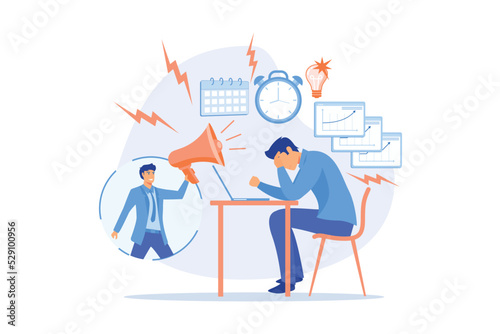 Exhausted, frustrated worker, burnout. Boss shout at employee, deadline. How to relieve stress, acute stress disorder, work related stress concept. flat vector modern illustration