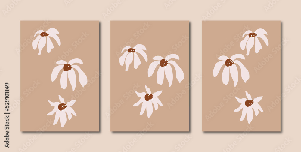 Set of three minimal abstract flower and natural abstract aesthetic mid century modern scenery landscape contemporary boho poster cover