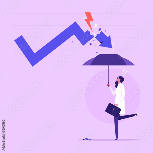Protect from stock market crash, insurance to protect from risk or uncertainty, investment concept, investor holding umbrella for protect downturn arrow graph
