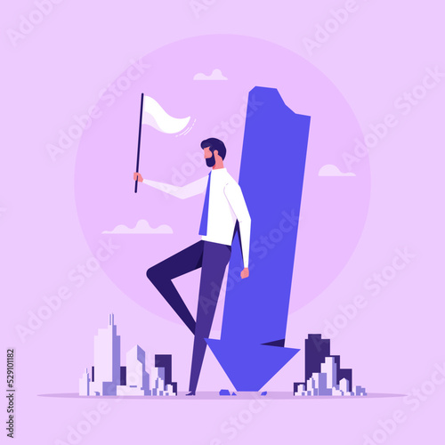 Surrender on business battle, time to quit or stop failed company concept, sad businessman waving white flag metaphor of surrendering or giving up on work and business