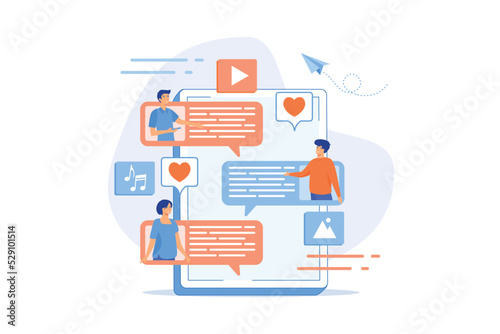 Tablet with users communicating and speech bubbles. Global internet communication, social media and network technology, chat, message and forum concept, violet palette. flat vector modern illustration