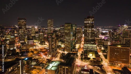 Time-lapse of Denver downtown from drone. Aerial view of downtown city in Colorado. Traffic of the city сenter.