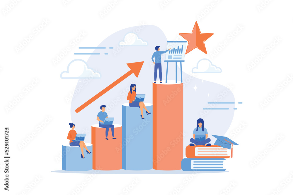 Naklejka premium Qualification increase course, skills improvement coaching. Professional development, school authority initiative, training for teachers concept. flat vector modern illustration