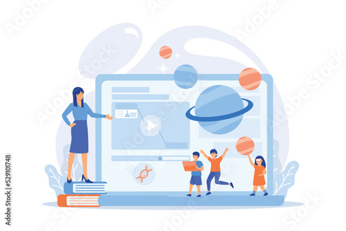 Futuristic classroom  little children study with high tech equipment. Smart spaces at school  AI in education  learning management system concept. flat vector modern illustration