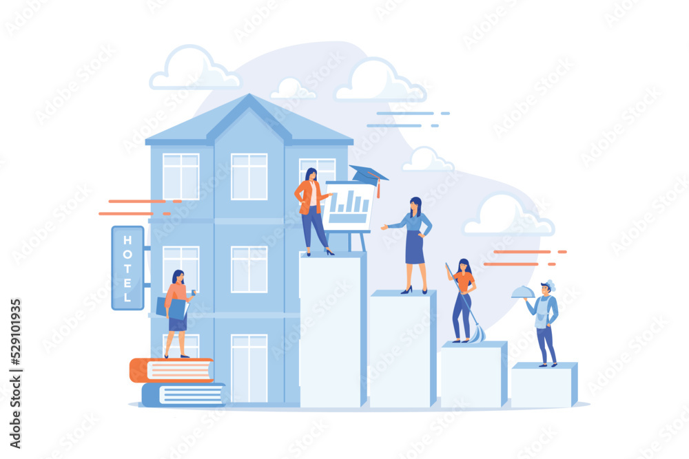 Hostel employee, chef, maid, and bell boy education. Hospitality courses, hospitality staff training, hotels industry training program concept. flat vector modern illustration