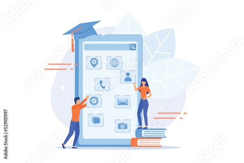 E- learning. Education process. Training application. Mobile app development courses, mobile apps online courses, become a mobile developer concept. flat vector modern illustration