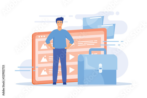 Portfolio management. Previous projects samples, works catalog, skills presentation. Successful graphic designer, web developer cartoon character. flat vector modern illustration