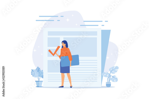 News article editing and proofreading. Press, newspaper reading. Business document, agreement, contract checking. Journalism and mass media. flat vector modern illustration