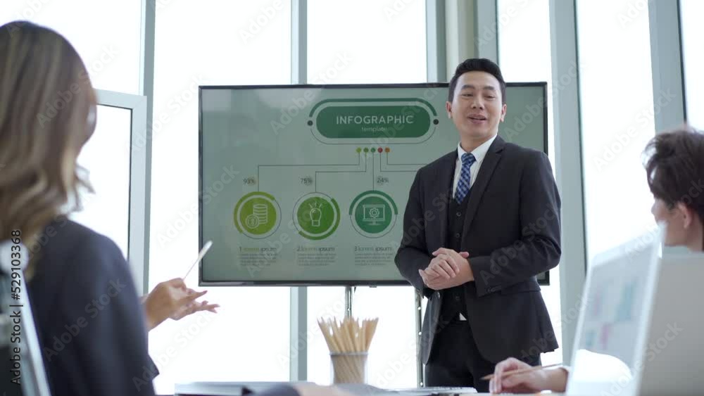 Businesspeople presenting a mockup report on the screen in conference room.
