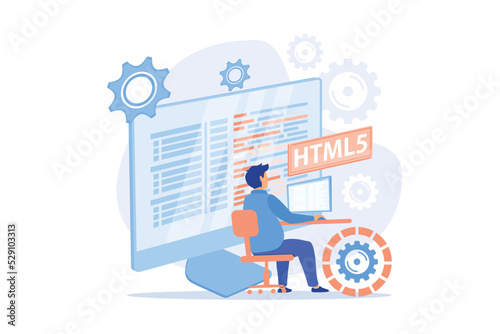 HTML5 programming. Internet website development, web application engineering, script writing. HTML code optimization, programmer fixing bugs. flat vector modern illustration