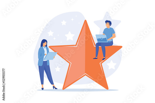 User feedback. Internet questionnaire, online survey, ranking system. Service clients opinion expression. Users with laptops cartoon characters. flat vector modern illustration