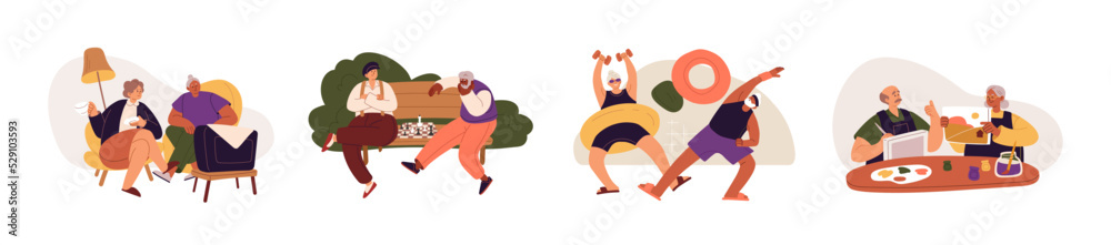 Fototapeta premium Senior old people at leisure set. Hobbies, activities, social life of elderly men and women. Happy aged characters play chess, exercise, paint. Flat vector illustrations isolated on white background