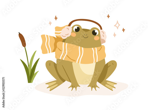 Cute frog in warm scarf and headphones. Funny froggy listening to music. Adorable kawaii baby animal, amphibian character in cold weather. Flat vector illustration isolated on white background