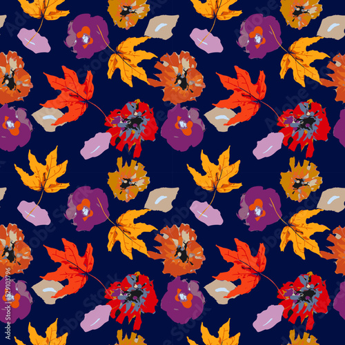 Flower repeat seamless pattern for fabric. Scribble autumn trendy background.