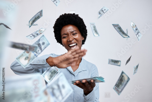 Fotografia Winner, celebration and raining money with black woman and spray of cash, investment or wealth