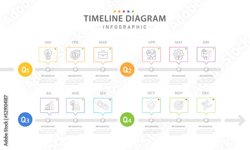 Infographic template for business. 12 Months modern Timeline diagram calendar with 4 quarter topics, presentation vector infographic.