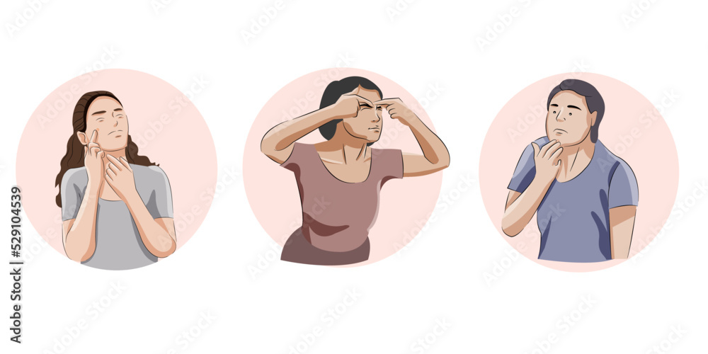 Set of man woman having skin acne problem distress felling Set of man woman having skin acne problem distress felling