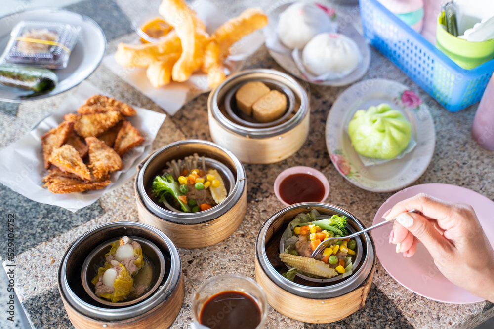 Various of Dim sum in the steam basket Various of Dim sum in the steam basket