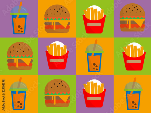 clourful wallpaper with fast food and cute pattern with strong color photo