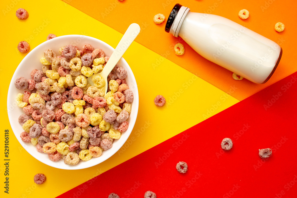 Bowl Cereals Milk Bottle Breakfast Yellow Background Stock Photo