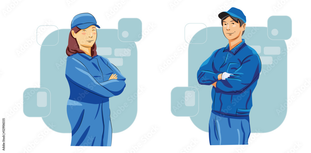 Man woman technician repairmen servicemen workshop
