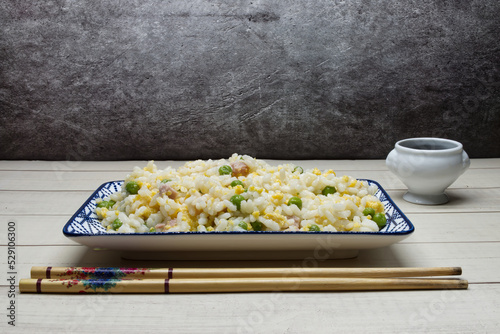 Oriental cantonese rice on a wooden table