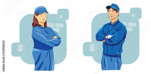 Man woman technician repairmen servicemen workshop