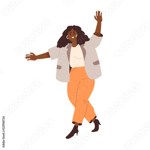 Happy excited woman greeting smb with hi gesture. Modern short chubby friendly person waving with hand, welcoming, saying hello, smiling. Flat vector illustration isolated on white background