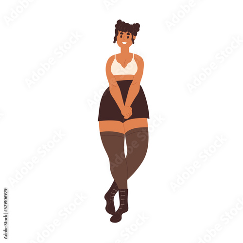 Happy shy woman in underwear, standing in bra, shorts, stockings and boots. Young chunky sexy girl with curvy body, wide hips, wearing brassiere. Flat vector illustration isolated on white background