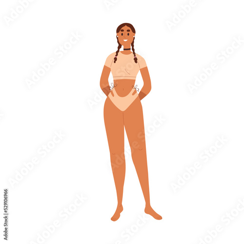 Happy woman in underwear, modern top and panties. Young trendy girl in fashion lingerie, choker necklace. Pretty slim slender female standing. Flat vector illustration isolated on white background