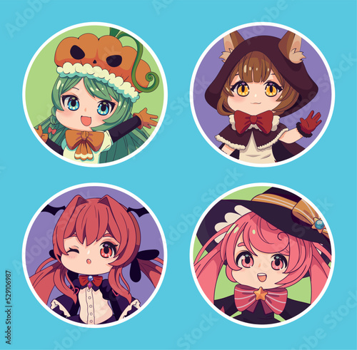 set cute anime chibi
