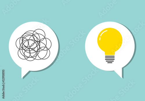 Confuse and Light bulb speech bubble sign. Idea solution. Problem resolve control. Don't understand. Communicate not clear. Business concept flat vector illustration.