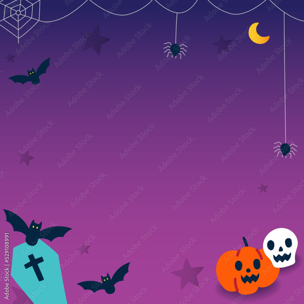 Cute copy space advertising Halloween cartoon online promotion Square web banner invitation card violet background ghost, skull, pumpkin, bat, spider web, coffin, moon paper display vector