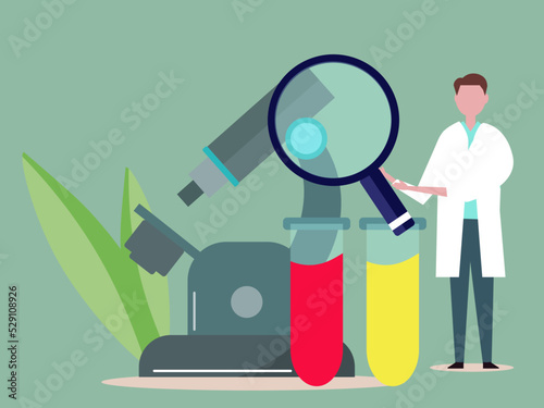 Man working in laboratory. Chemistry, research, microscope and beaker. Student wearing white coat. Vector illustration