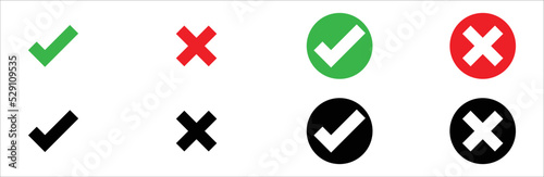 Green check mark, red cross mark icon set. Check mark and cross icons in circle. Isolated. Vector illustration. symbol